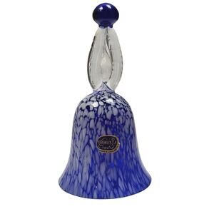 Vintage Bohemia Crystal Hand Bell Blue Spotted Czech Republic Clear Handle